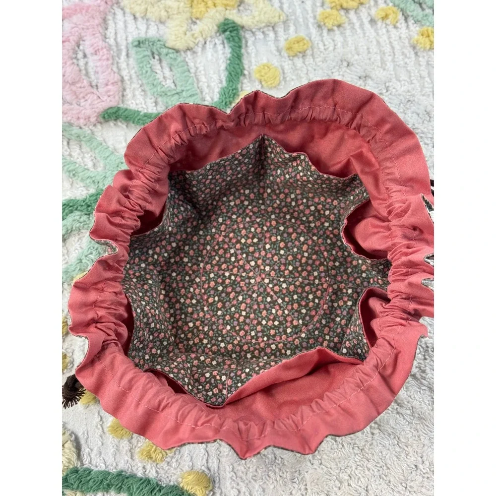 Handmade Floral Drawstring Pouch Jewelry Bag Mauve Ruffle Small Travel Organizer